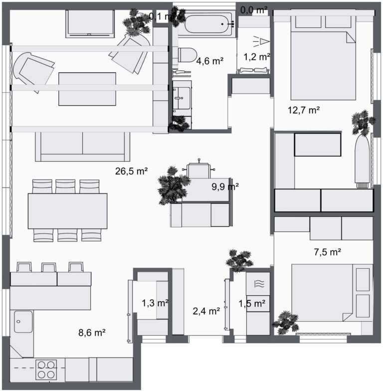 tlocrt kuće s dvije spavaće sobe